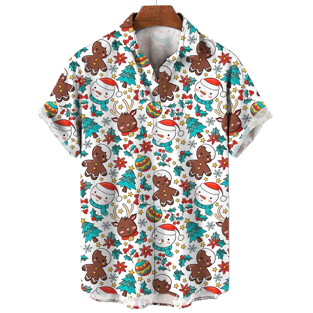 Xmas New Year Gingerbread Christmas Hawaiian Shirt Men's 3D Snowman Print Street Short Sleeved Loose Clothes For Men Clothing