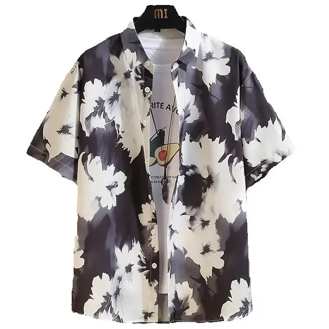 Camisa Floral Masculina Solta de Seda Gelada Manga Curta Casual Estampada para Mulheres Blusa Oversized para Praia e Férias