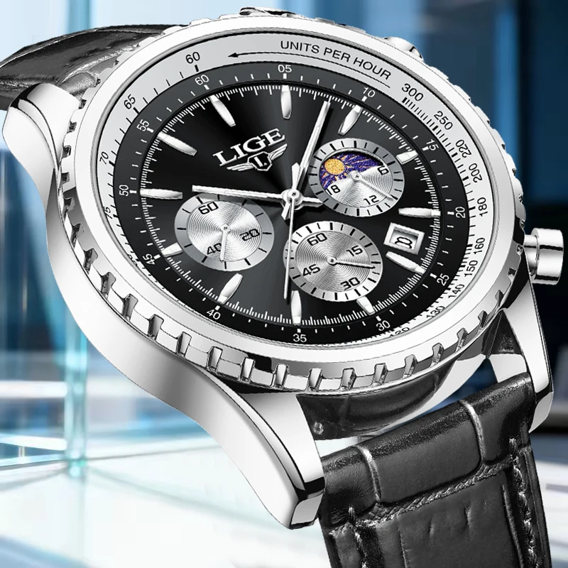 

LIGE Leather Watch For Men Casual Business Waterproof Luminous Men's Quartz Wristwatches Outdoor Sport Chronograph Reloj Hombre