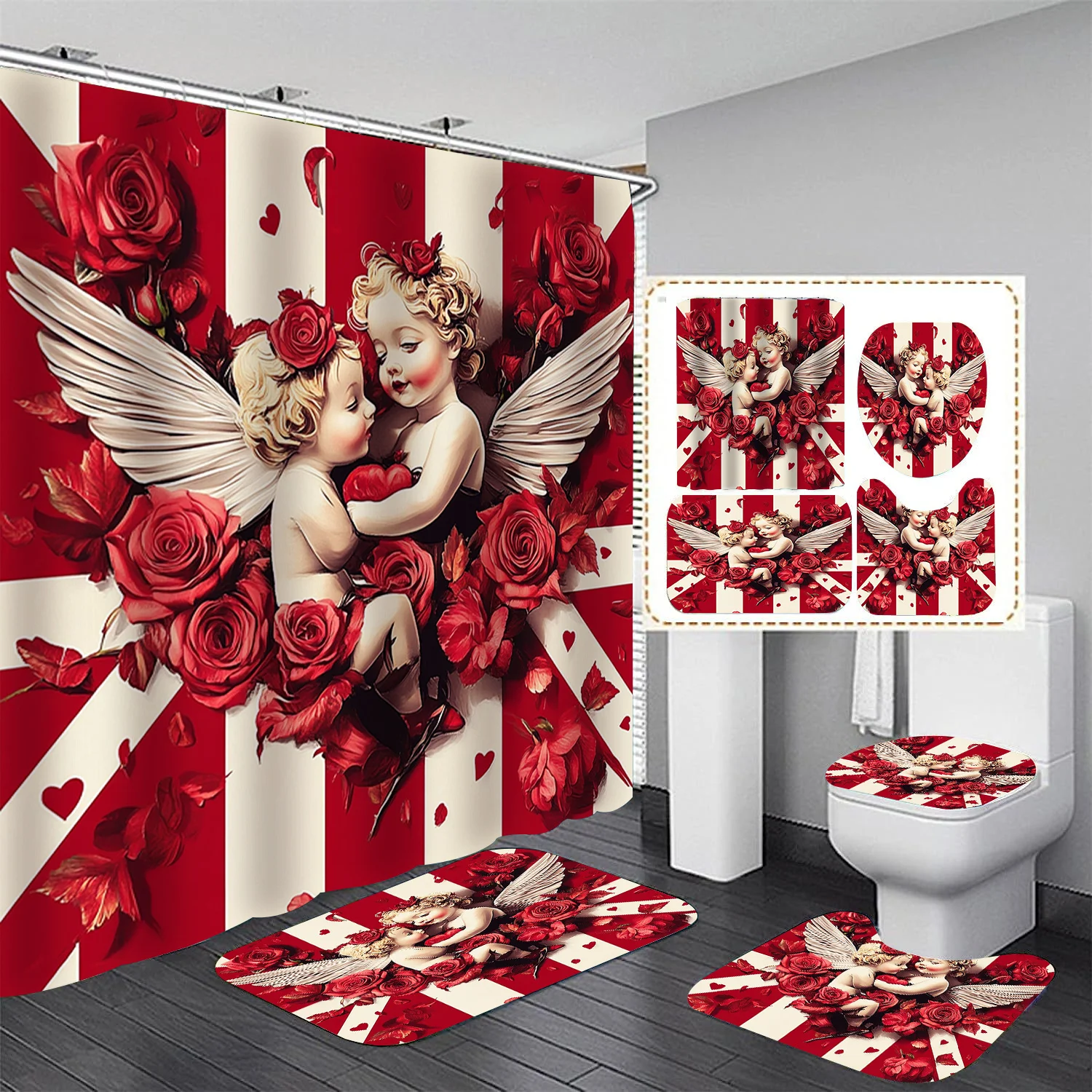 

4pcs Cupid Flower Shower Curtain Set, Decorative Bathroom Set Includes Printed Shower Curtain, Non-Slip Floor Mat, Toilet Seat