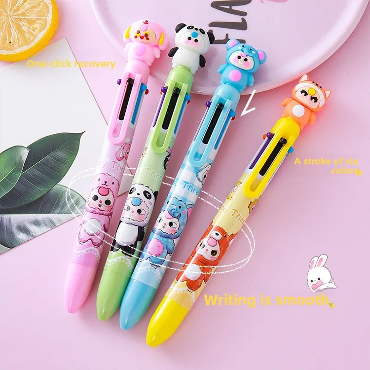 12 Pcs Cartoon 6-color Ballpoint Pen Creative Stationery Student Color Handbook Oil Pen Graffiti Painting writing Supplies
