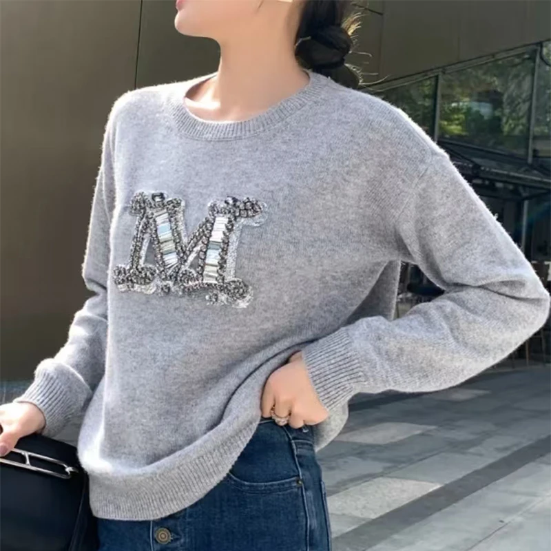 Luxury Desinger Letter M Cashmere Pullover Sweater For Women 2025 New Winter Casual 100% Woolen Sweaters Loose Pullover Top New