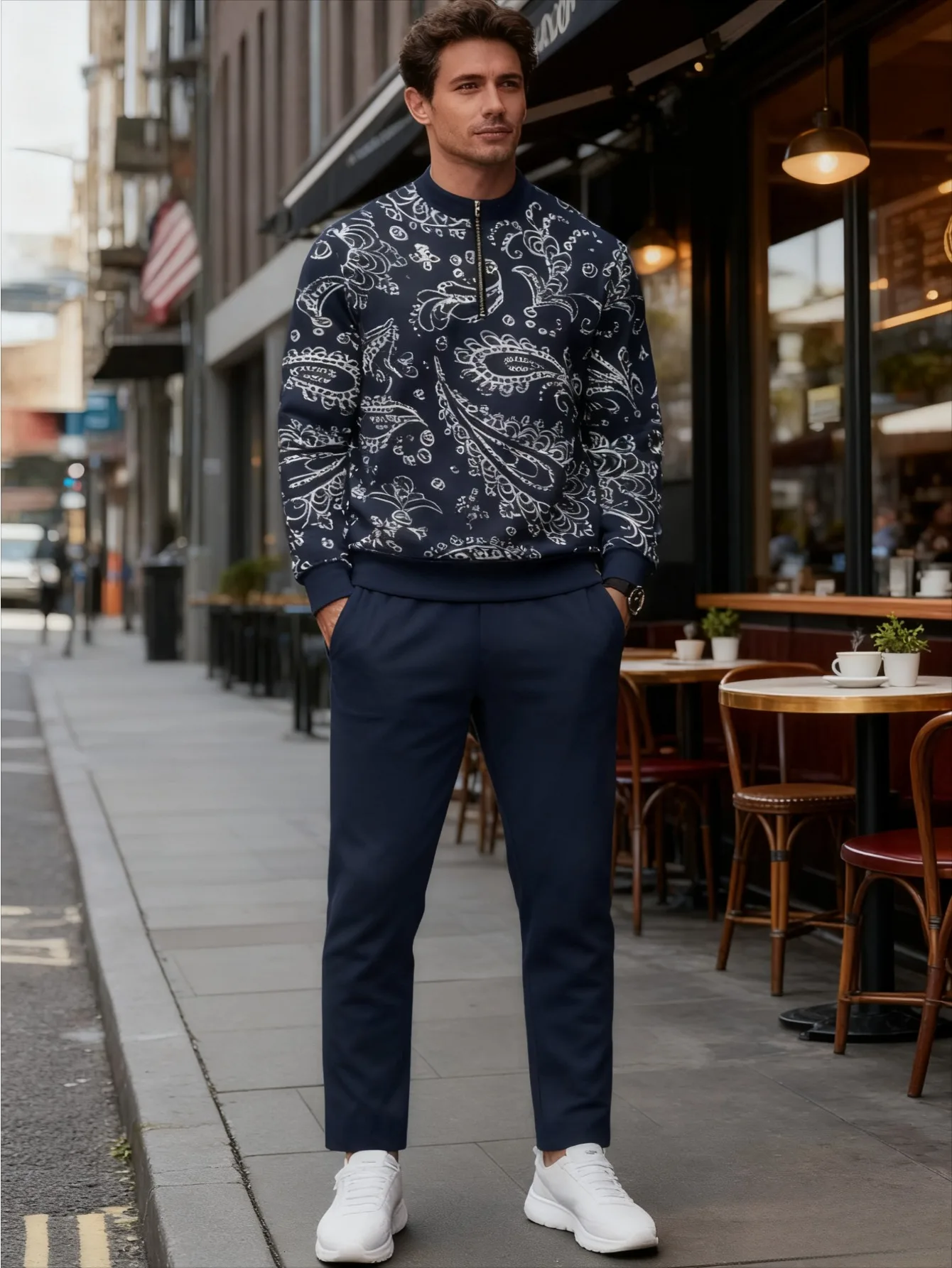 Set da 2 pezzi, top sportivo a maniche lunghe e pantaloni lunghi da uomo europei e americani alla moda