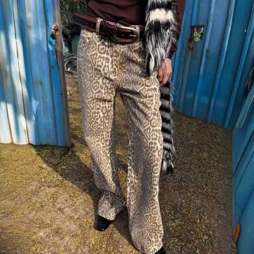 

Etro Leopard Print Jeans Men Women Printed Casual Pants Washed Hip Hop Streetwear Loose Straight Leg Pants Fashion Punk Trousers