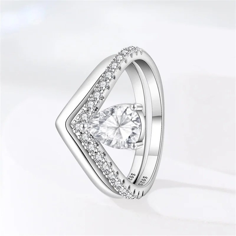 Original 925 Silver Waterdrop Pear-shaped Sparkling Heart Combination Rings Valentine's Anniversary Fine Women Gift Accessory