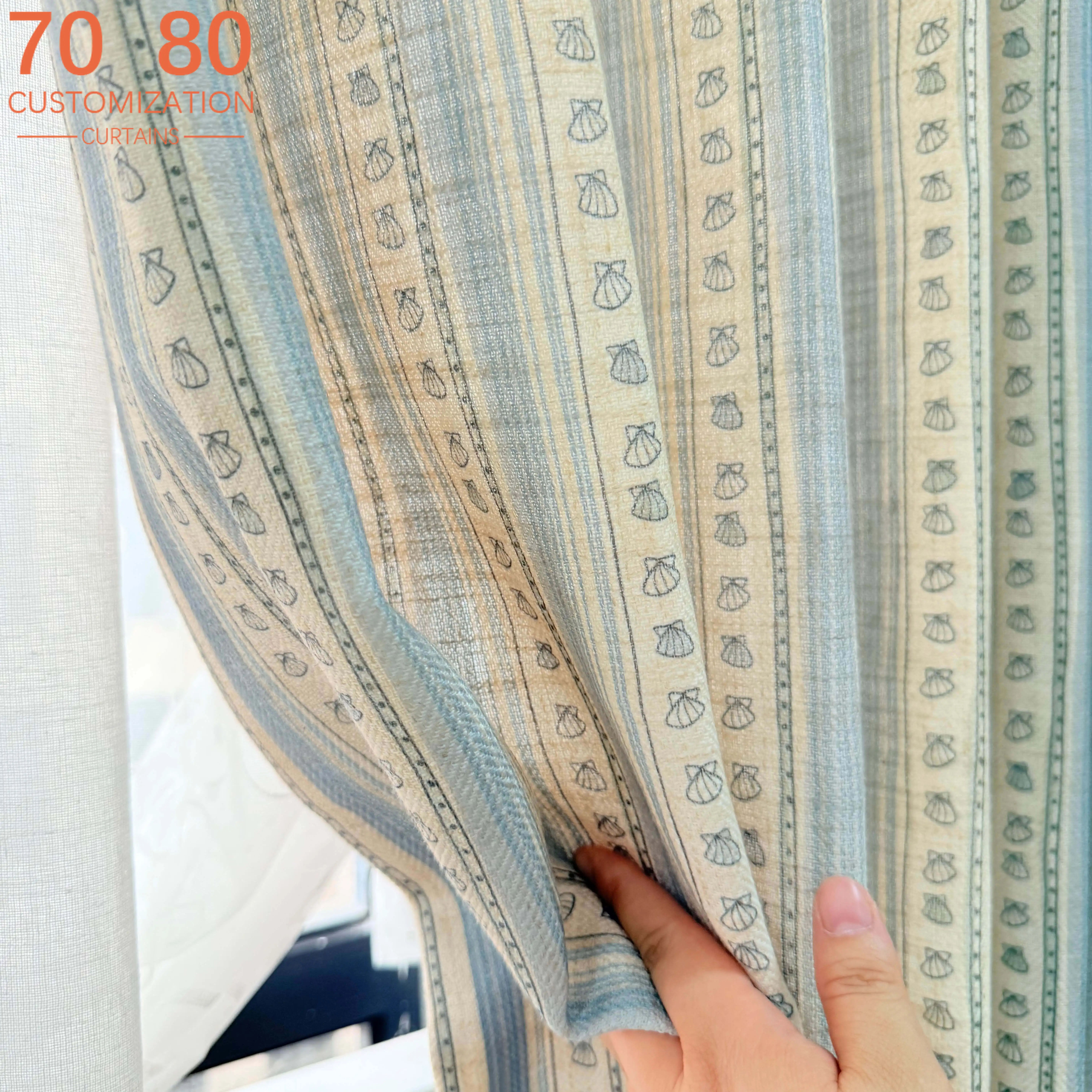 Retro Blue Cotton Linen Ocean Stripe Printed Curtains for Bedrooms Living Rooms Balconies Partition Curtains Customization