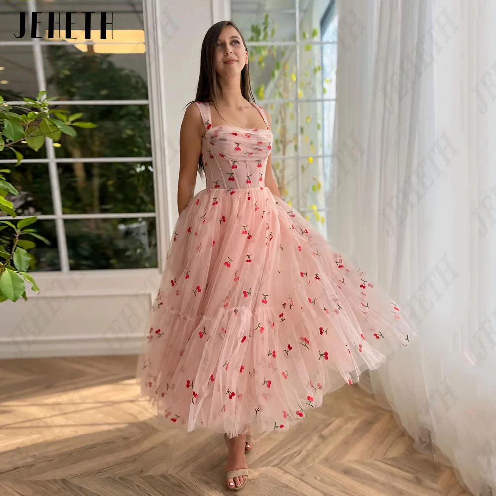 JEHETH Flowers Pink Prom Dress For Woman Spaghetti Straps A-Line Tulle Backless Ankle Length Sleeveless Lace Up Party Gowns