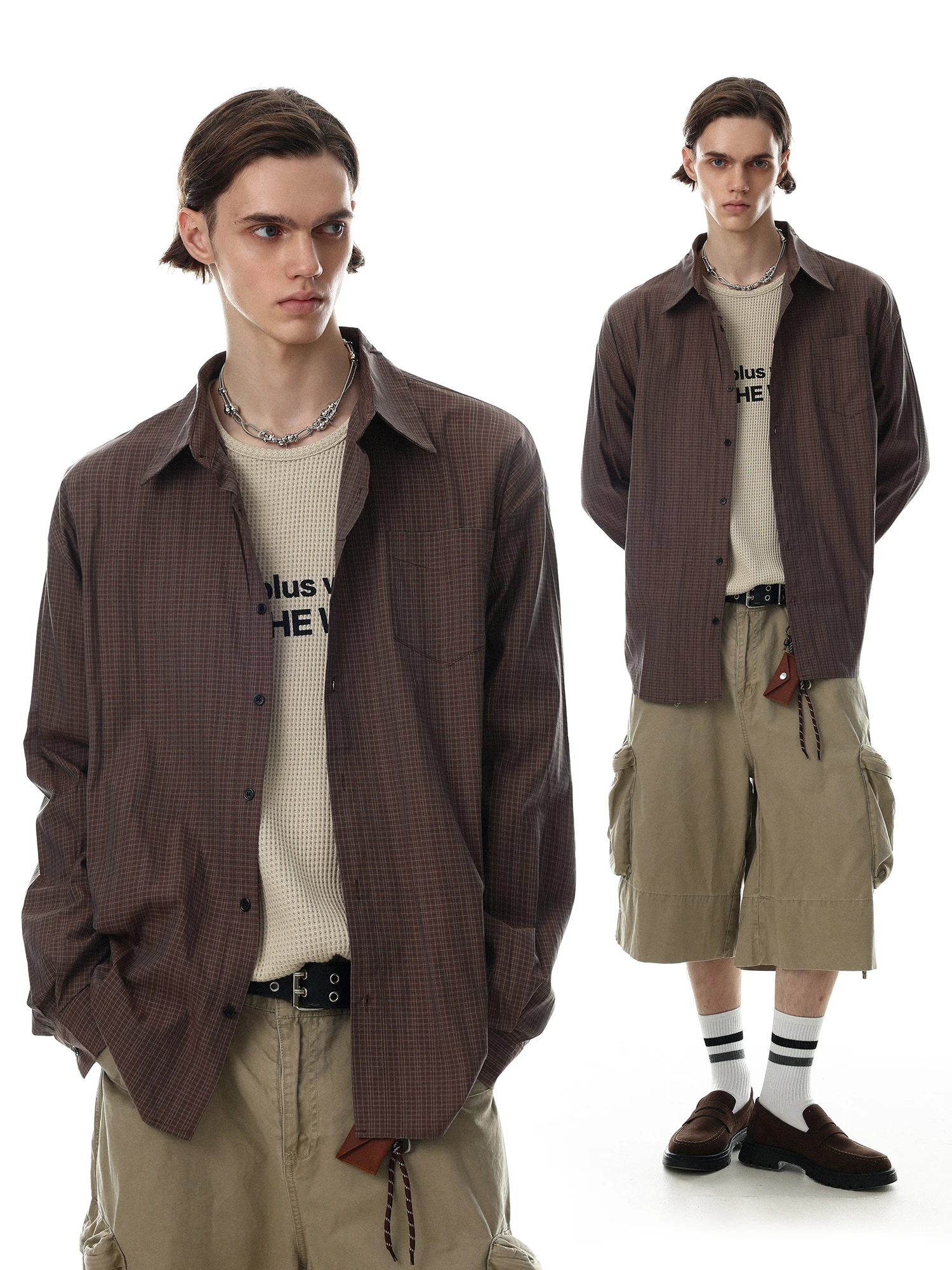 American Retro Plaid Splicing Long Sleeve Loose Men's Casual Shirt Commuter Versatile Cotton Flannel Breathable Outerwear