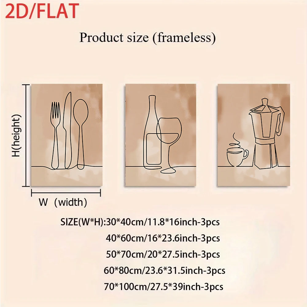 1 set of modern minimalist kitchen decorative paintings, coffee cup and tableware line drawings, home decoration, 2D flat design