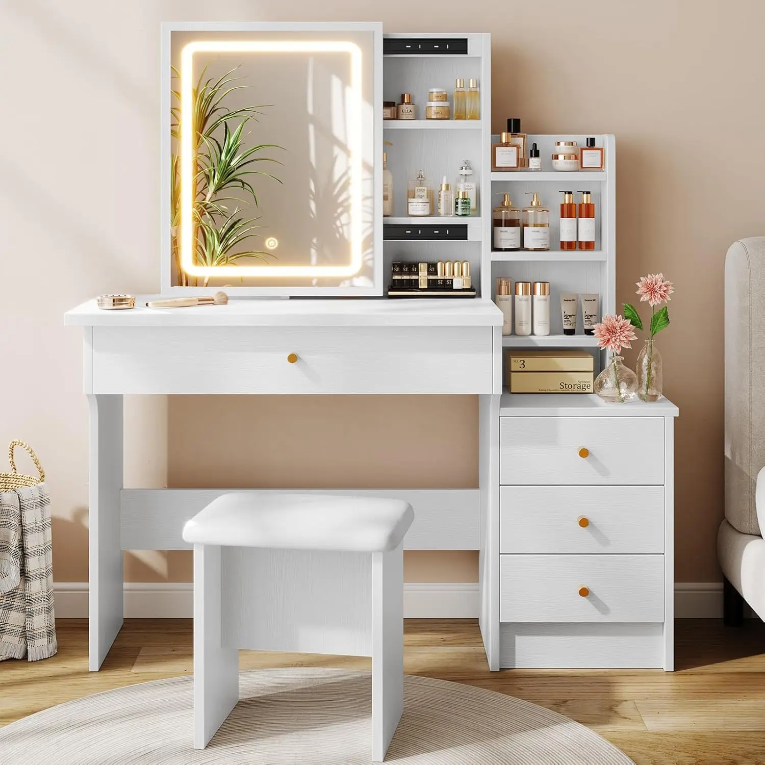 White Wooden Vanity Desk for Bedroom with 3 Adjustable Lighting Modes, Sliding Mirror, 4 Drawers and 7 Shelves