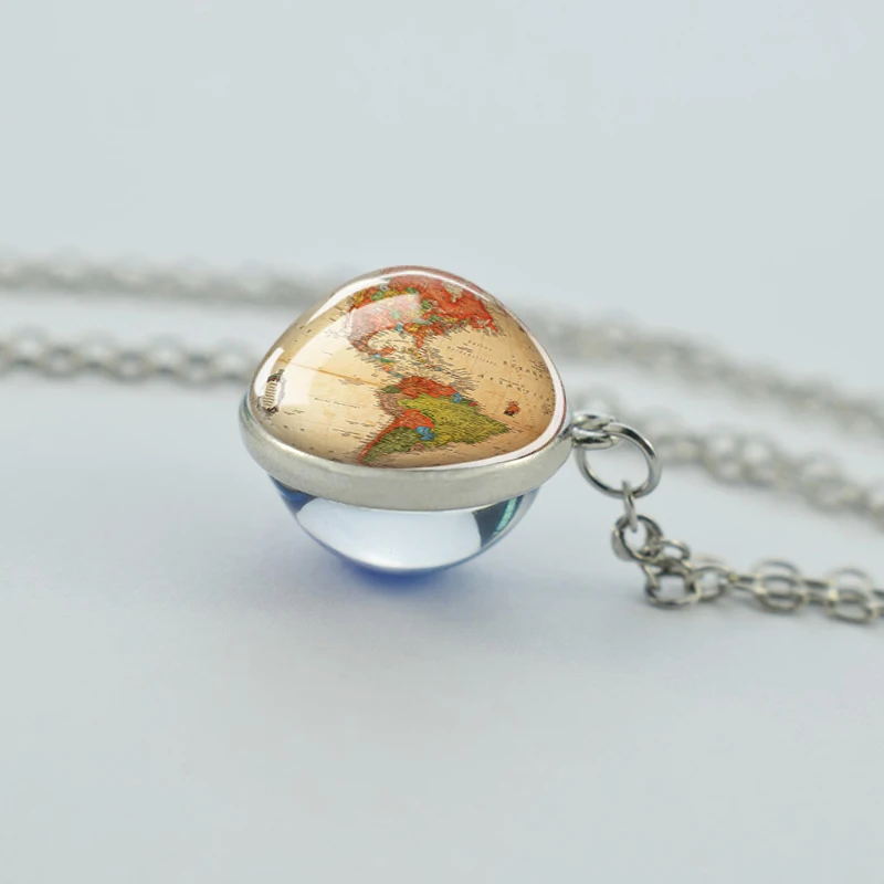 Vintage World Map Necklace Globe Earth Pendant Americas Europe Australia Map Glass Ball Necklace Christmas Gifts