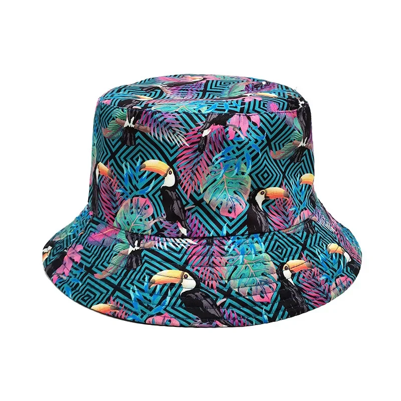 2024 Double-sided Bird Print Women\'s Bucket Hats Men Panama Hat Summer Bob Fisherman Fishing Hat Outdoor Hip Hop Sun Bone Caps