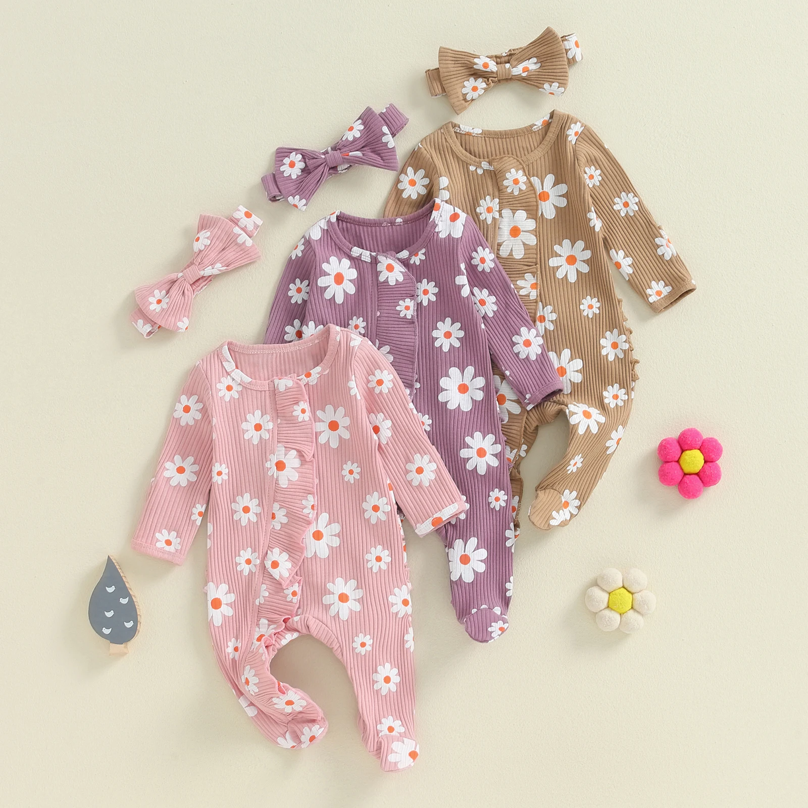 Citgeett Autumn Infant Baby Girl Footies Rompers Flower Print Long Sleeve Ruffles Jumpsuits Fall Clothes Headband