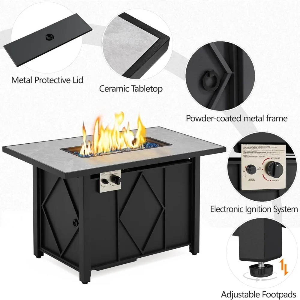 Table à gaz avec allumage automatique, fosse à gaz 2 en 1, équipée d'un plateau en céramique, silex en verre, 43 pouces, 50000 BTU