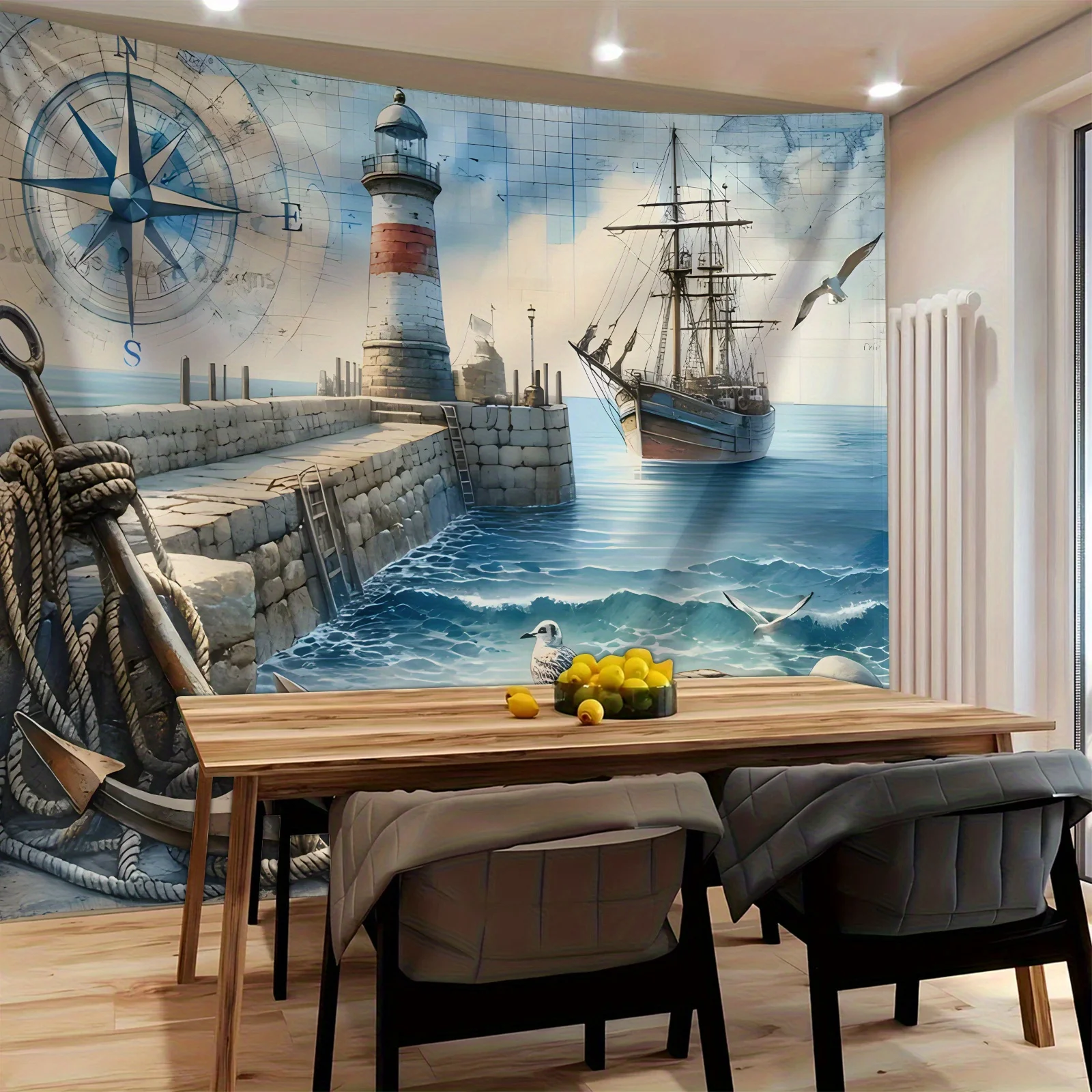 Vintage Nautical Map Wall Tapestry Sailor Ship Lighthouse Compass Decor for Living Room Bedroom Bathroom