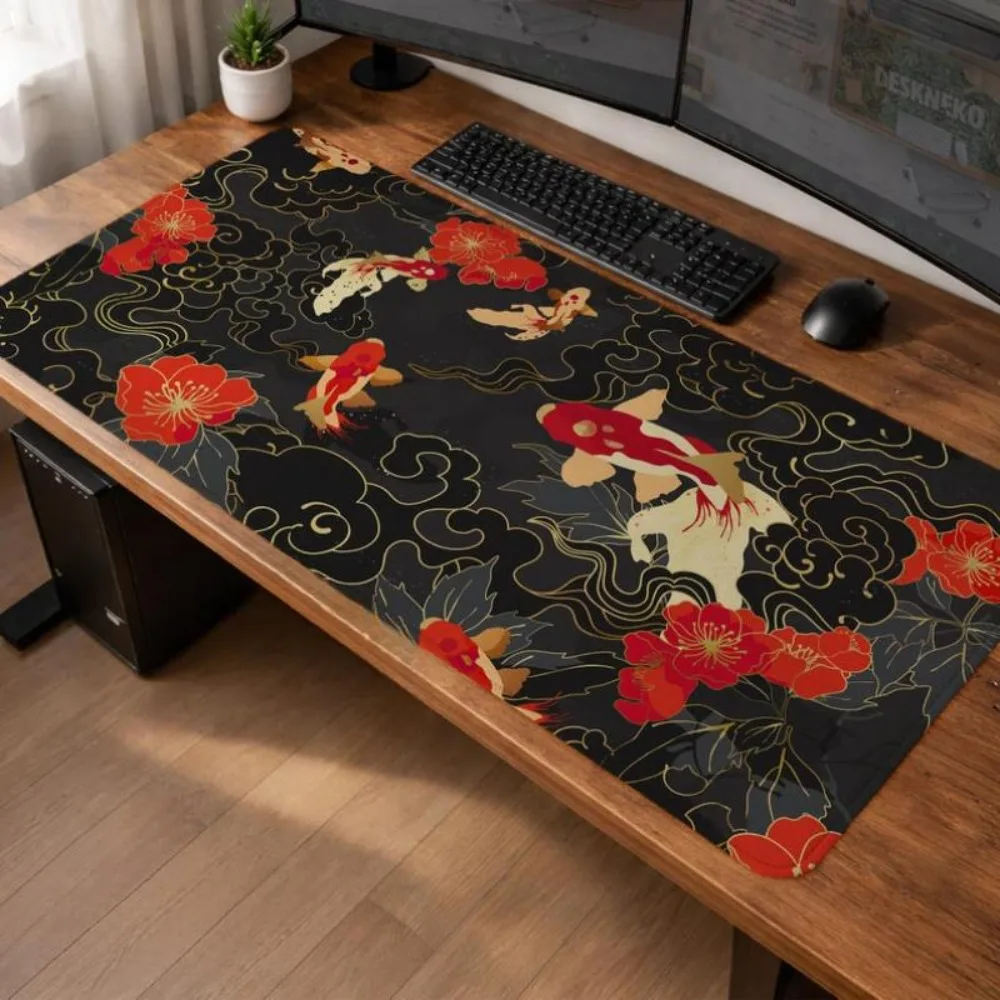 Tapis de bureau style japonais avec poissons koi, abstrait noir, rouge et or, tapis de souris, alfombrillas para escritorio, tapis de souris