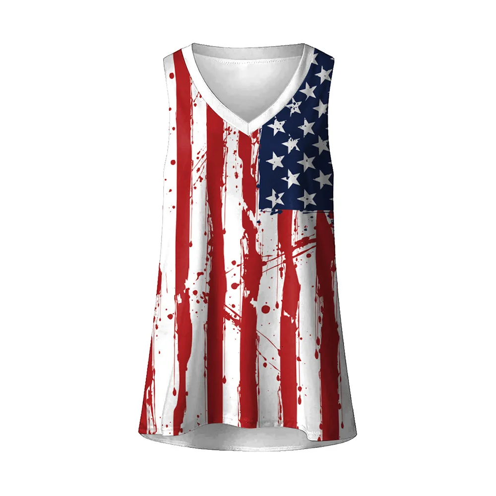 American Independence Day Flag Print T-shirt Women Fashion V-Neck Short Sleeve Tops Tees Loose Casual Vintage Camisetas Clothing