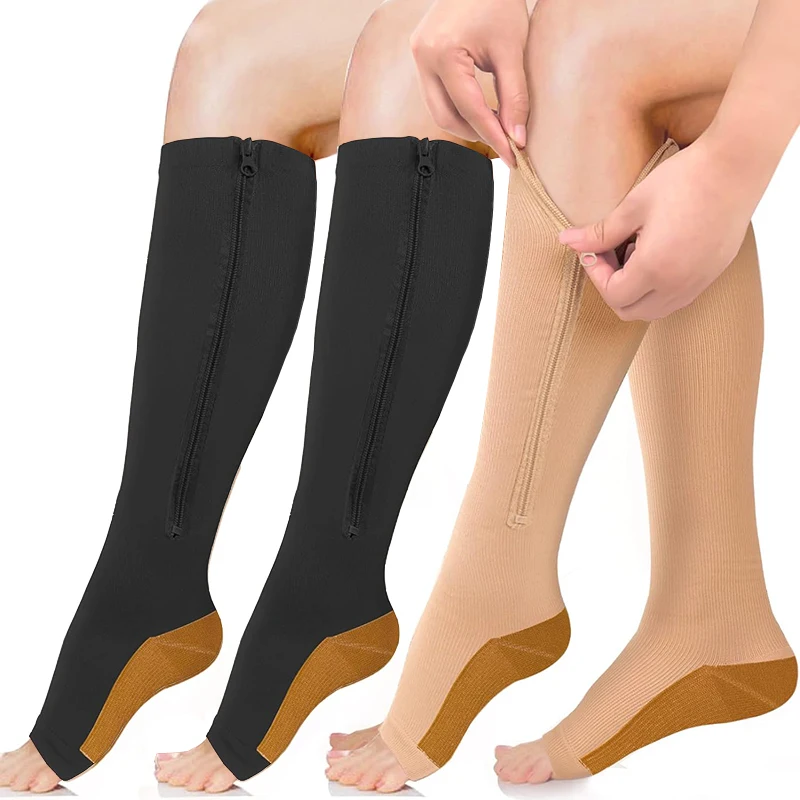 Medical Compression Socks with Zipper Knee High 15-20 mmHg Open Toe Support Sock for Women Men
