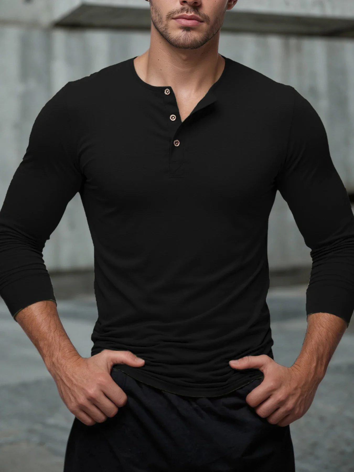 Men's Long Sleeve Henry T shirt Casual Simple Solid Color Print Button Top Fashion Henry Collar Loose Shirts Autumn Men Clothing