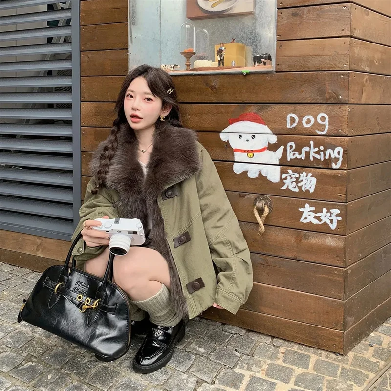 

Fur Women's Coat Imitation Fox Fur Collar Velvet Inner Lining Parker Down Cotton Jacket Short Workwear Casual Young Style 2025