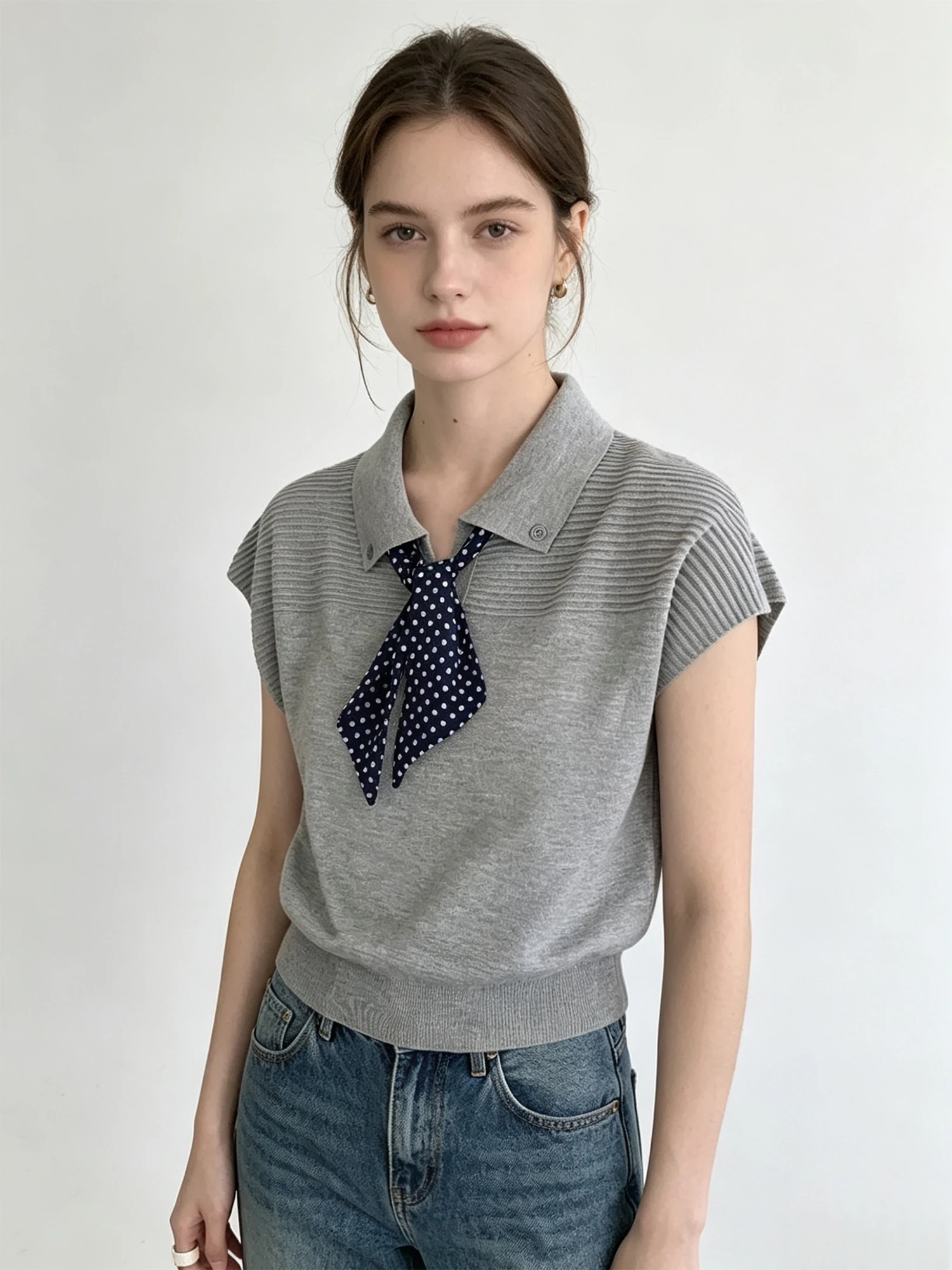 Women's Grey Lapel Scarf Ice Silk Knit T-shirt Y2K Gyaru T-shirt Knitwear Flying Sleeve Short Sleeve Top for Women Summer 2026
