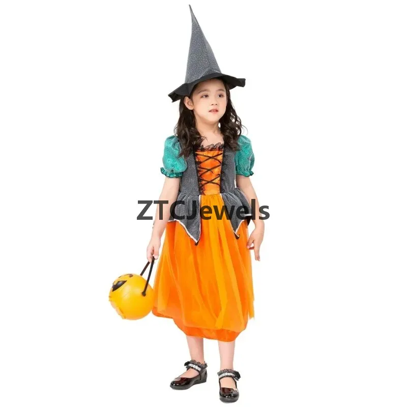 Pumpkin Witch Costume Halloween Carnival Puff Sleeve Orange Fancy Dress Party Uniform Cute Cosplay Outfit for Kids view 5