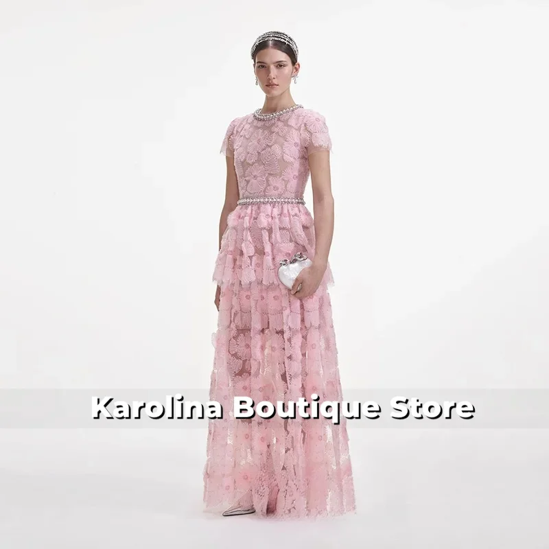 Vestido de fiesta de encaje de lujo personalizado cuello redondo manga corta cuello alto perlas rebordear vestido de fiesta árabe vestidos de noche