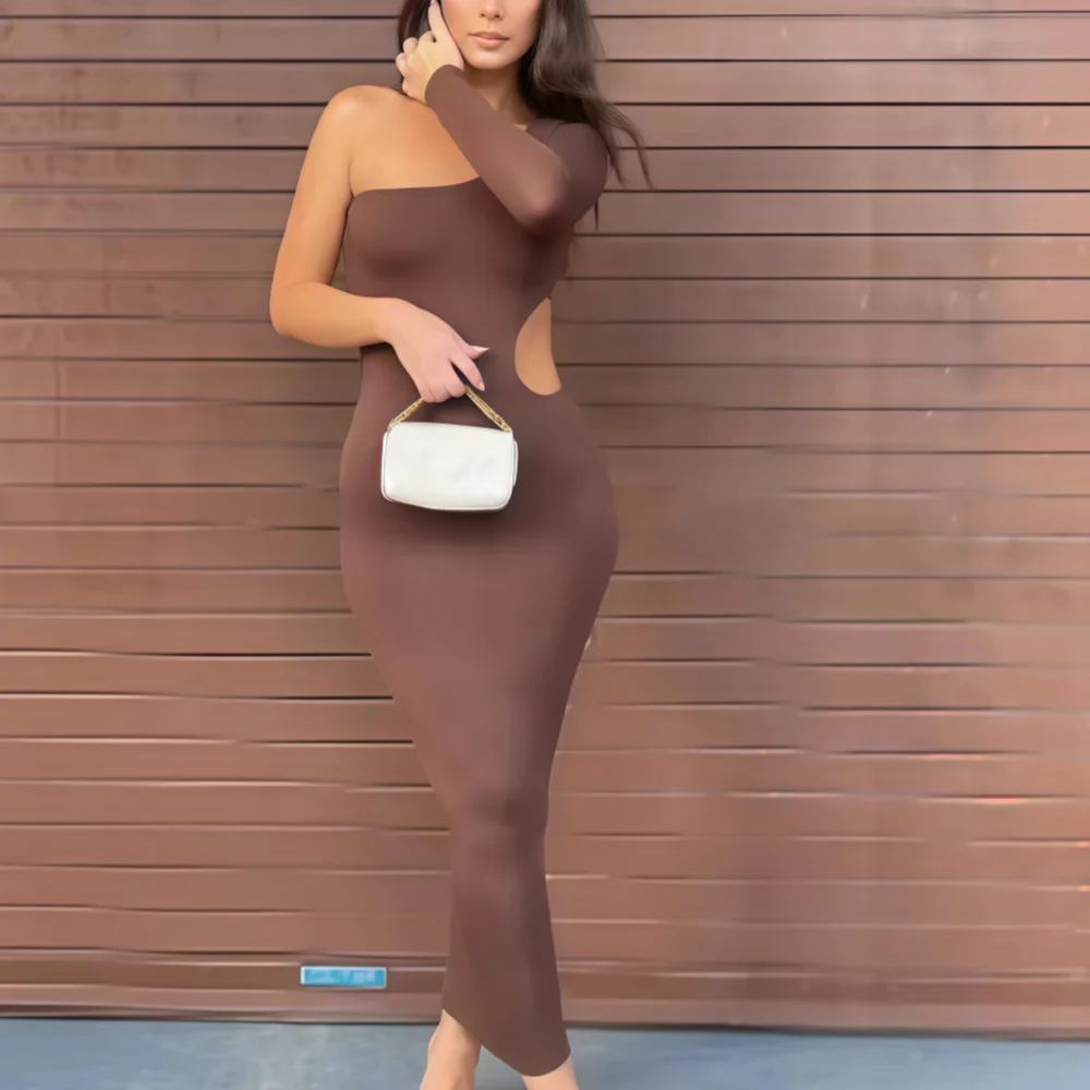 Sexy dame mode robe élégante de luxe femmes chaud hors de l'épaule couleur unie col diagonale élégant sans manches robe formelle t-shirt