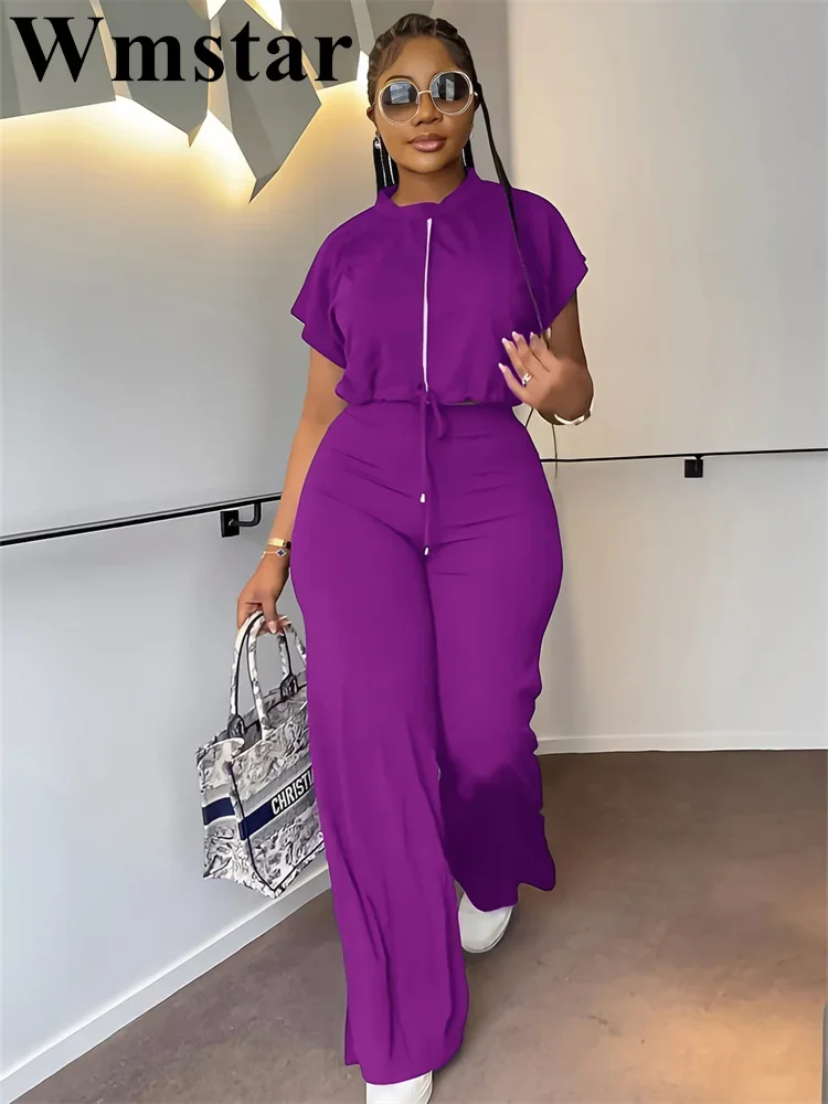 

Wmstar Women Two Piece Set Casual Solid Color Short Sleeve Drawstring Zipper Jacket + Streetwear Straight Pants Matching Outfits