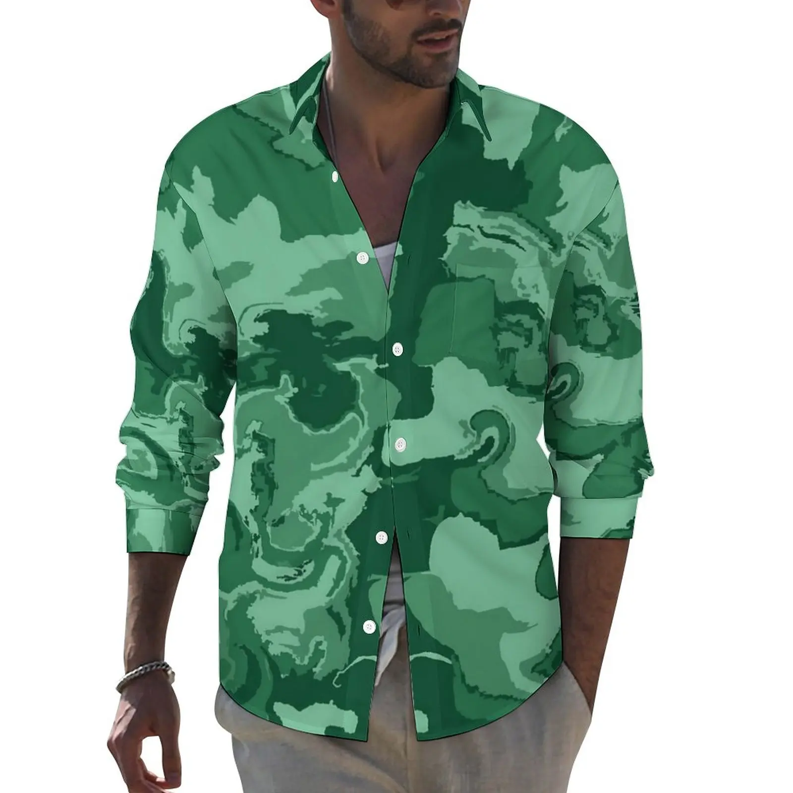 Green Wave Aesthetic Casual Shirt Man Abstract Print Shirt Autumn Trendy Blouses Long Sleeve Design Oversized Clothing