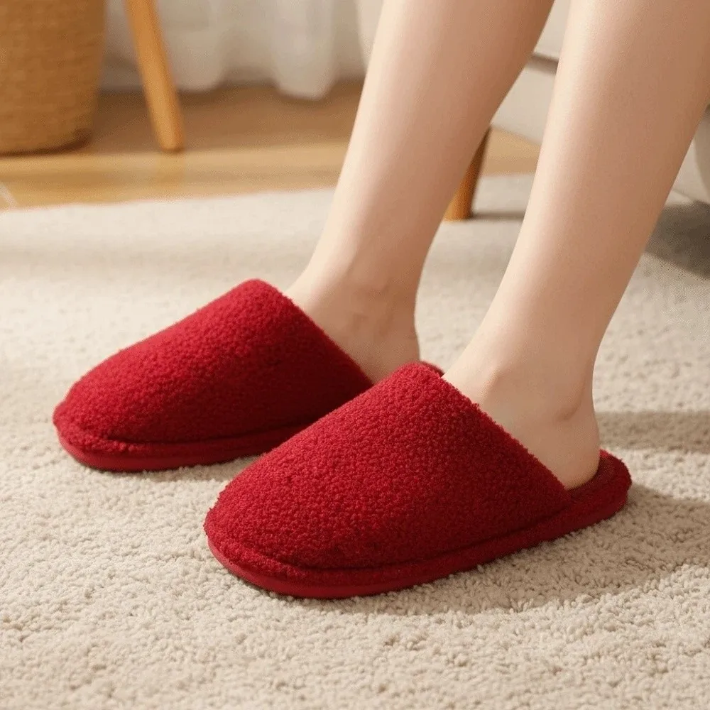 Casual Soft New Year Slippers Warmer Thickened Red Cotton Slippers PVC Home Cotton Shoes Women