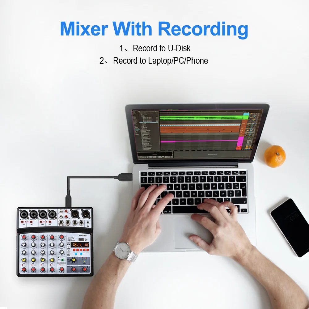 BOMGE Wireless 6 Channel Audio Mixer Portable Mixing Console USB Interface Sound Card With 16 DSP Echo 48V Phantom Power