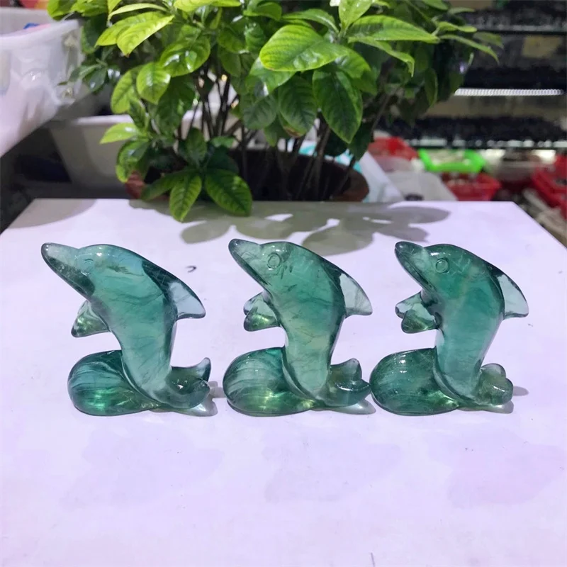 Natural Green Fluorite Dolphin Carving Stone Hand Carved Animal Figurine Healing Crafts Home Decoration Gift 1pcs