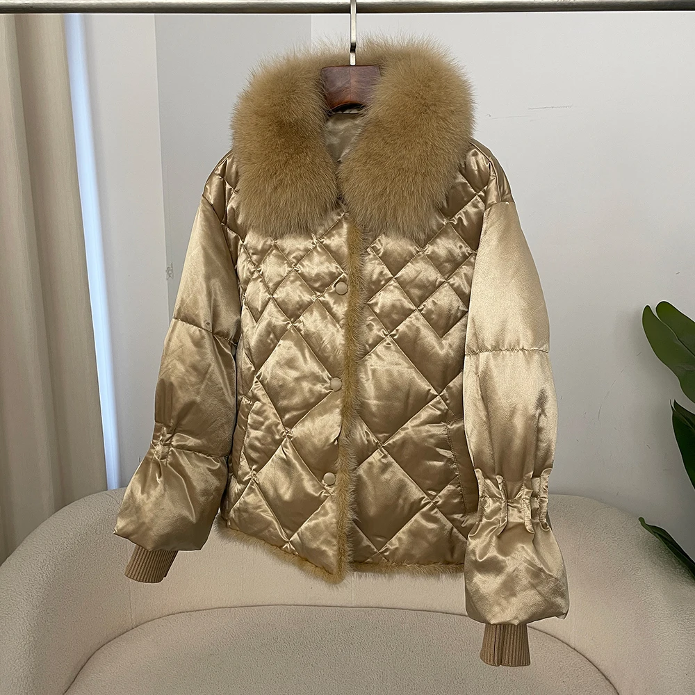 OFTBUY Real Mink Fur Puffer Jacket Natural Fox Fur Jacket Women Autumn Winter Large Fur Collar Short Casual White Duck Down Coat