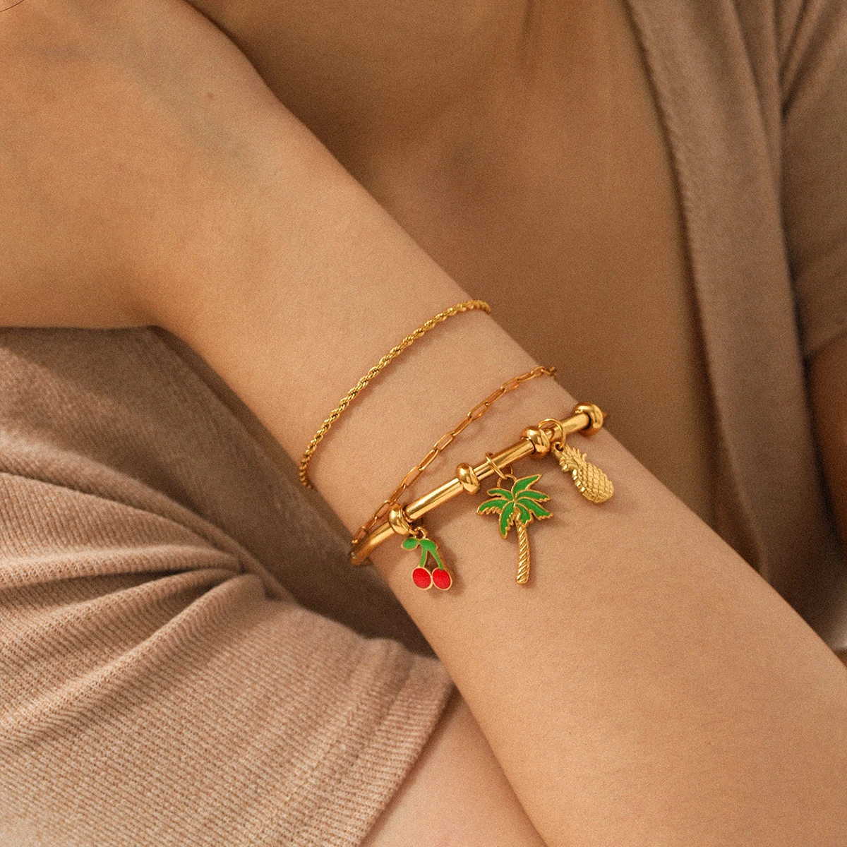 Gold Color Plated Multi Layer Bracelet Set For Women Fruit Charms Cherry Lemon Hypoallergenic Stainless Steel  Daily Gift