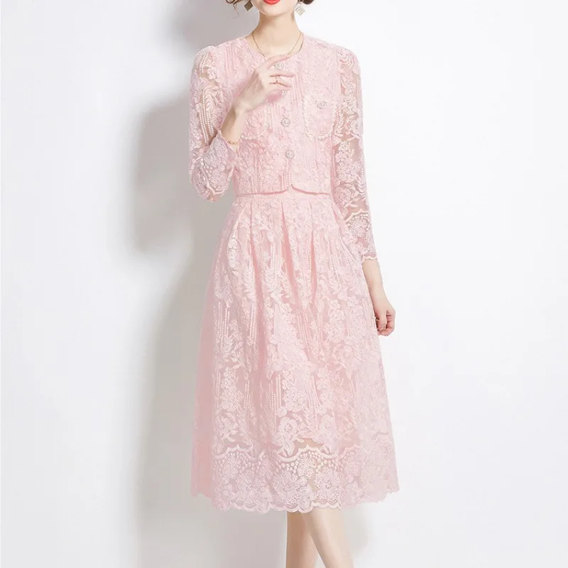 

Women Skirt Set 2-Piece Sets Cropped Top Button-Up Coat Long Skirt Embroidery O-Neck Puff Sleeves Lace High-Waisted Summer Suit