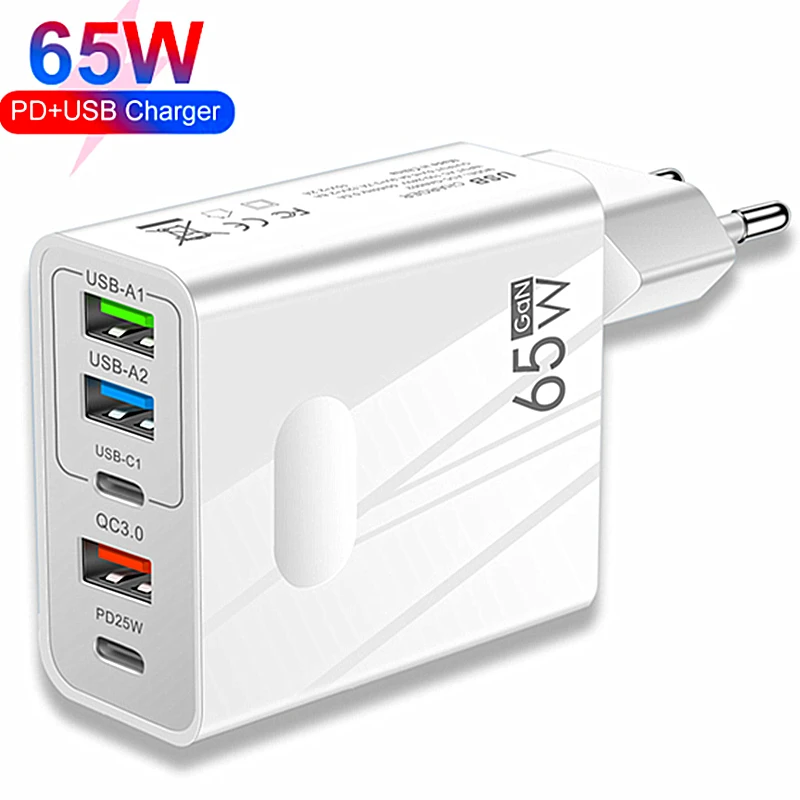 65W GaN Fast Charger USB Type C Phone Charger Quick Charge 3.0 5 Port Power Adapter For iPhone 14 13 Xiaomi Samsung Wall Charger