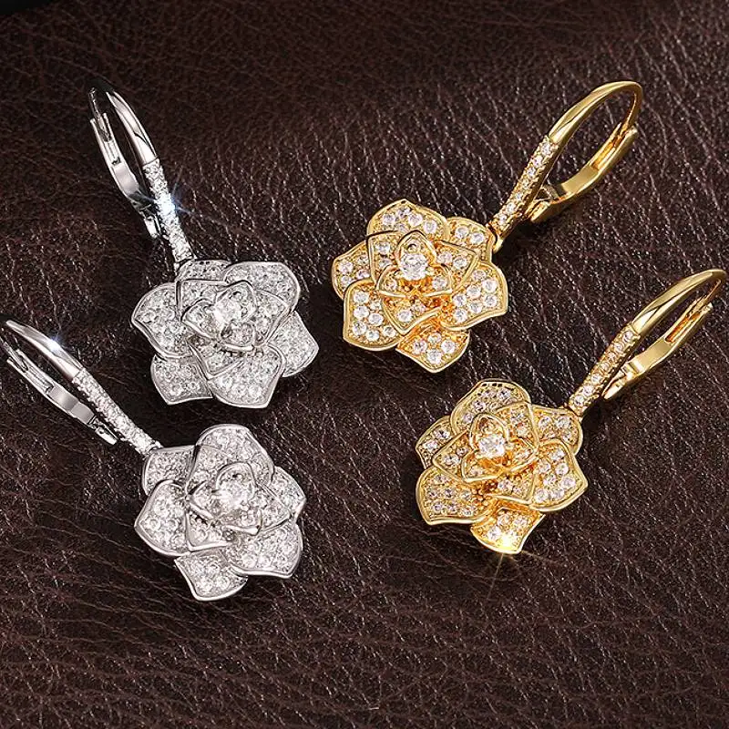 Huitan Ästhetische Blumenförmige Damen-Ohrhänger mit Glitzernden Zirkonia, Modischer Schmuck für Hochzeit, Party und Alltag
