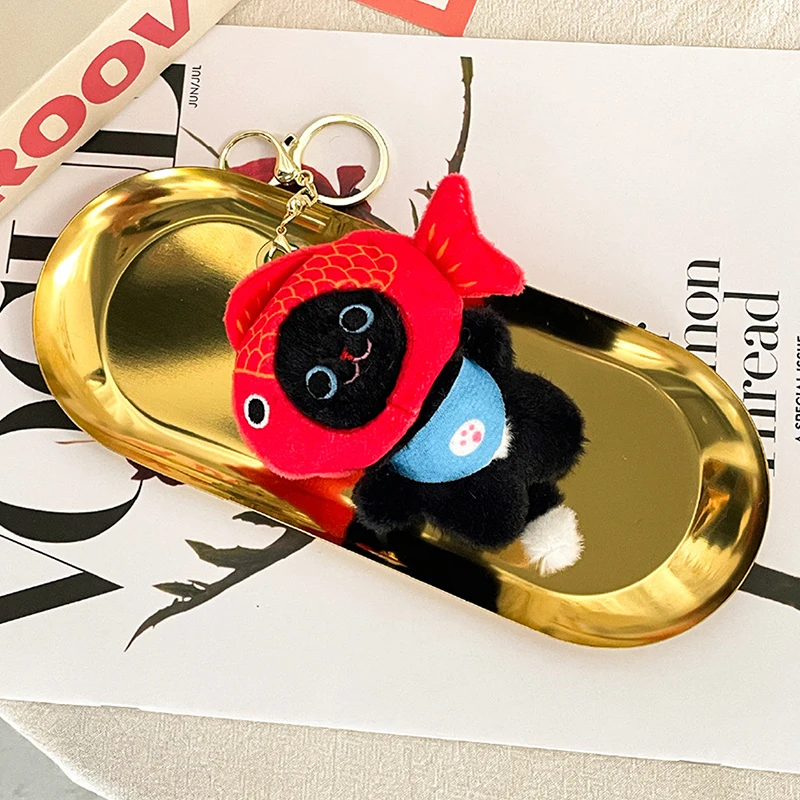 Soft Cartoon Cat Stuffed Doll Keychain; Plush Taiyaki Headgear Toy; Lovely Car Key Ring; Kids' Backpack Bag Decor Gift