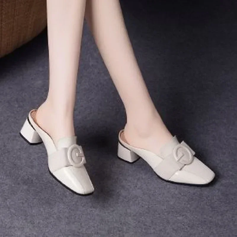 2024 Spring and Autumn New Ladies Baotou High Heels Fashion Single Shoes British Style Leather Thick Heel Half Slippers