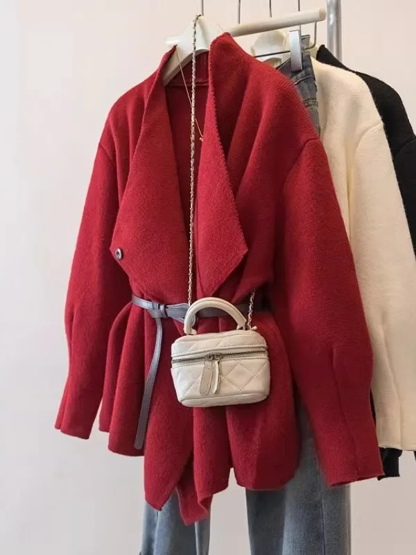 

Red Flip Collar Shoulder Length Knitted Sweater Coat Women's plus Size Mid-Length Knit Open Cardigan Spring New Style