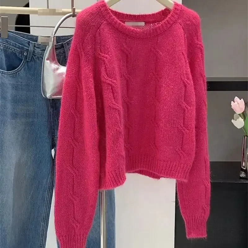 

High Quality Fashion Temperament Sweater Women 2025 New Autumn Loose Soft Female Pullover Causal Rose Red O-neck Knitwear