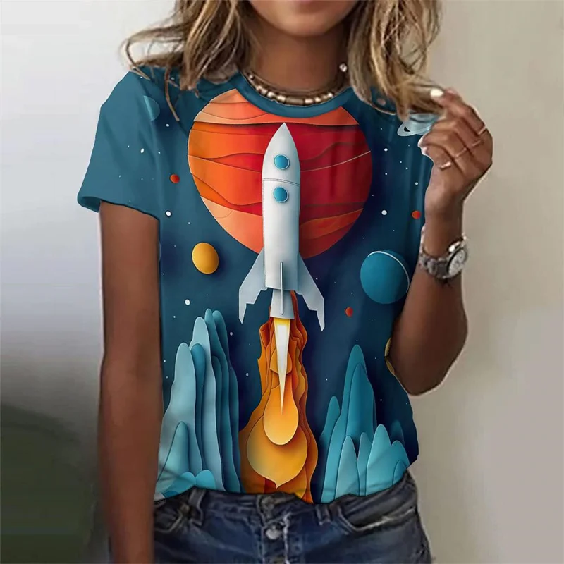 T-shirt colorata con motivo pianeta per donna Astronauta Razzo Stampa 3D T-shirt Moda estiva Street Tees Maniche corte O-Collo Top
