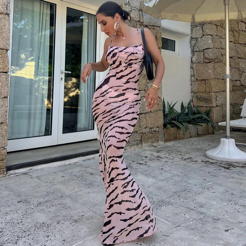 Pink Zebra Print Long Dress Women Sexy See Through Mesh Beach Dress Spaghetti Strap Lace Up Backless Maxi Dress Summer Holiday