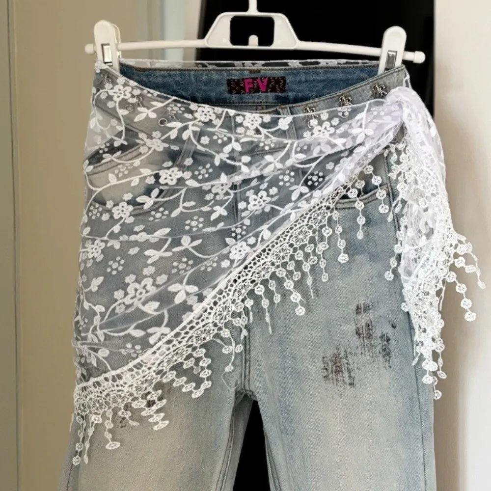 New Lace Trim Fart Curtain Hollowed-out Jeans Decor Triangular Headscarf Slim Fit Skirt Accessories Apron Wrap Skirt Summer