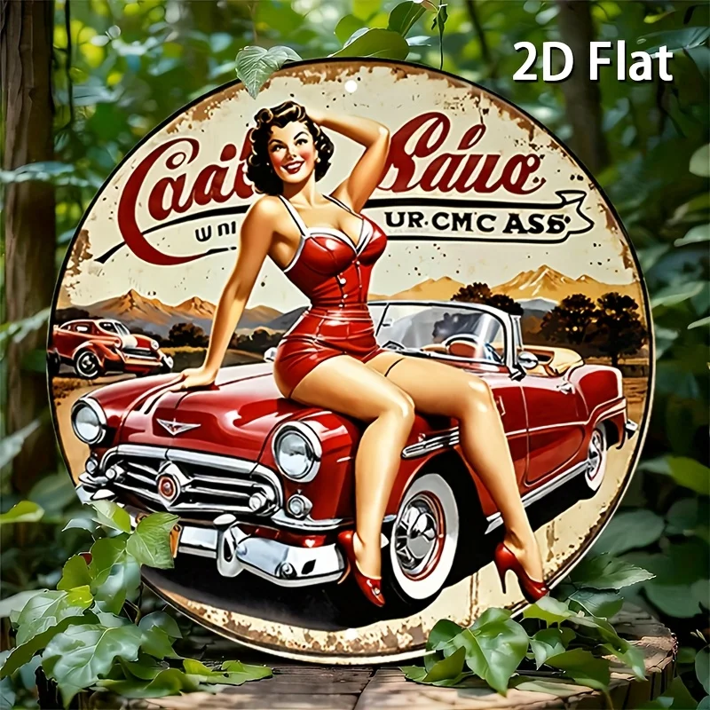 【Plat 】 Panneau rond en bois pour fille de voiture vintage - Voiture rouge classique et design "CACAISRAN Unity"
