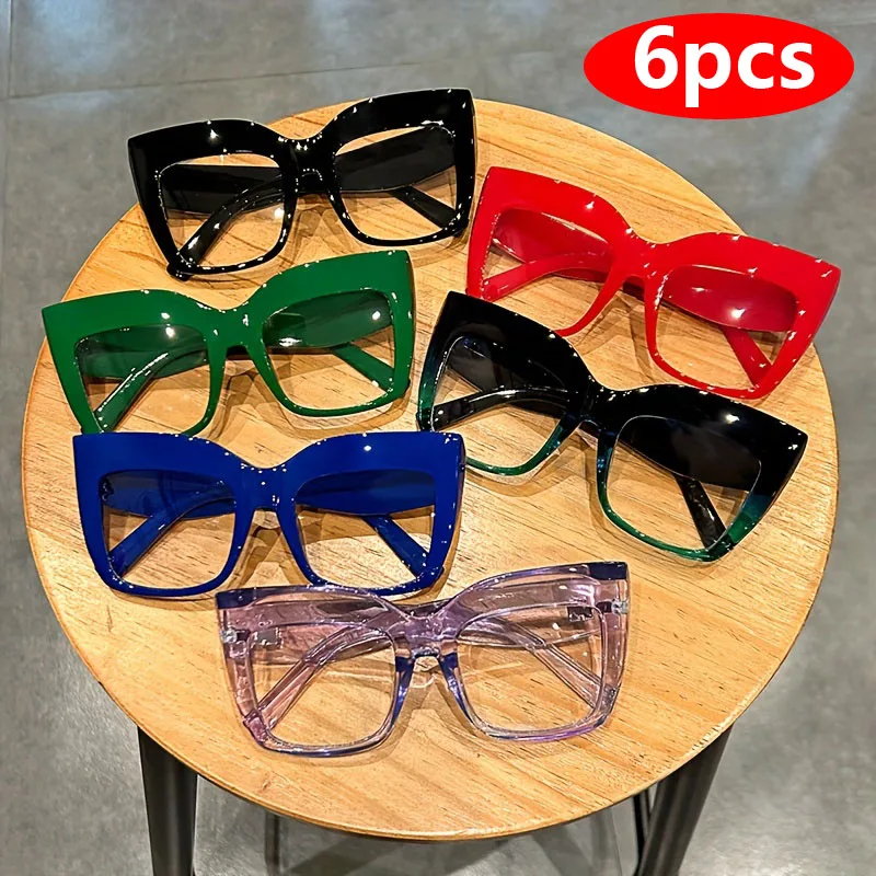 

6pcs Large Frame Cat Eye Clear Lens Glasses Frames Jelly Color Party Cateye Decorative Glasses Spectacles For Women Men