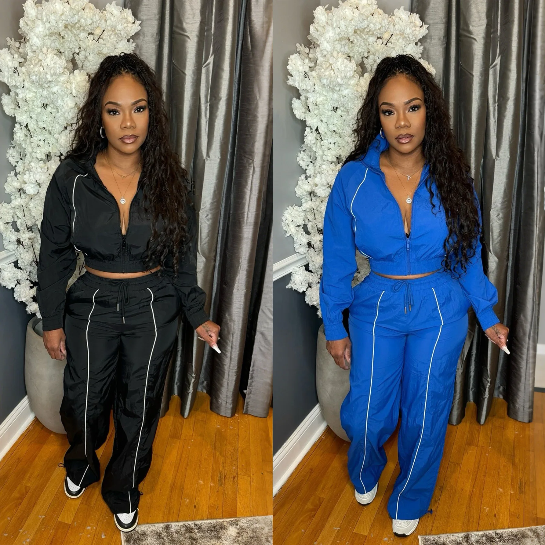 

Two Pieces Women Pant Sets Sport Matching Set Solid Line Zipper Coat Drawstring Waist Wide Leg Pant Loose Casual 2025 Autumn