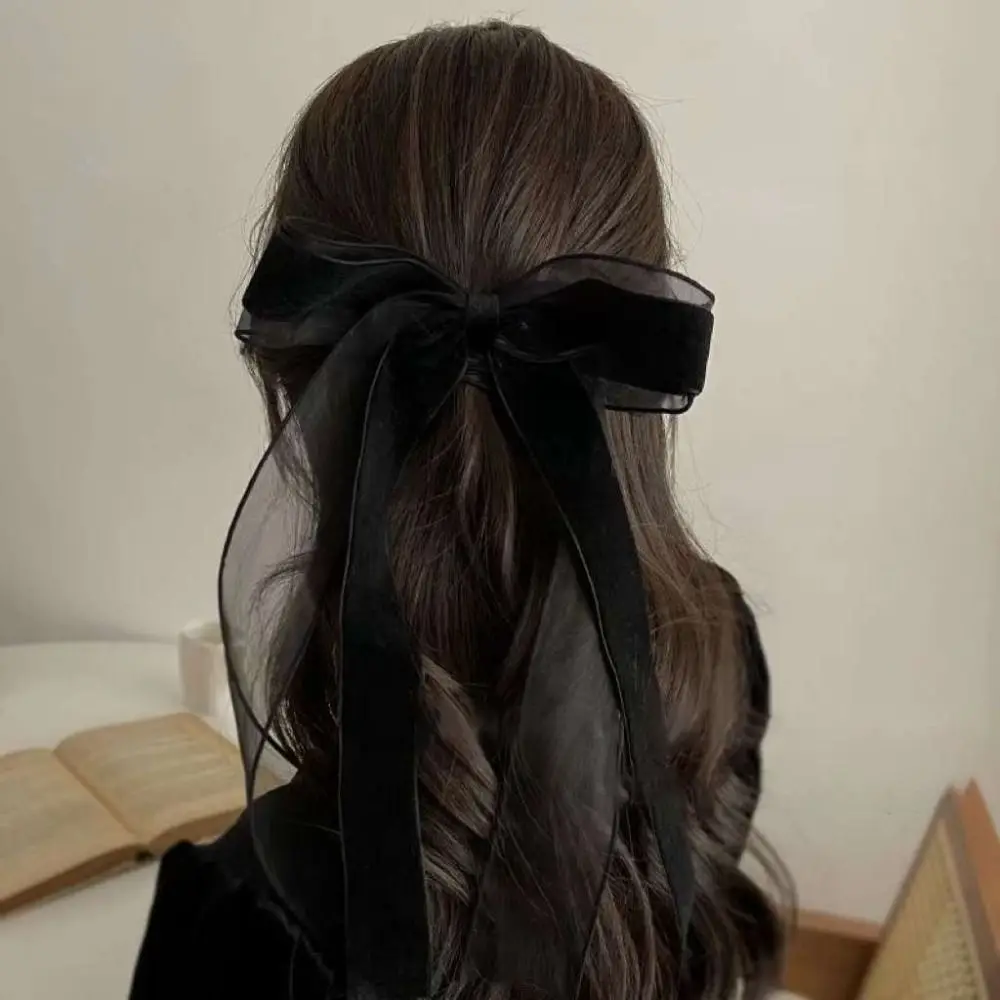 Black Hair Bows Hair Clip French Ribbon Long Tulle Hairpin Hepburn Style Velvet Hair Barrette Lady Girls