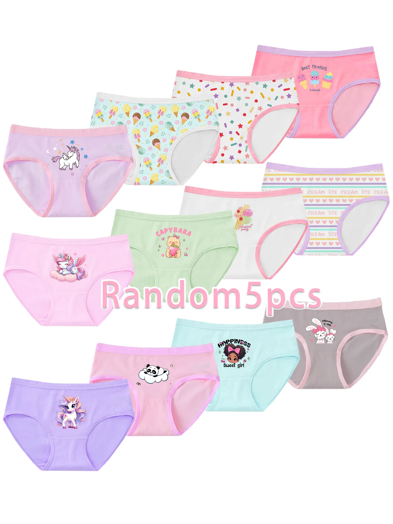 Randomly Packed Set of 5 Pieces of Girls' Simple, Stylish, Fresh Printed Patterned Comfortable Triangle Underwear Set